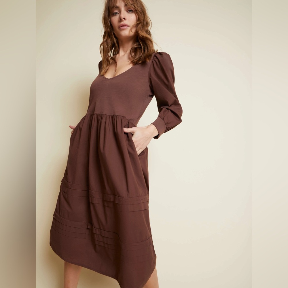Nation LTD Mahal Peasant Combo Dress in Pinot Noir Brown Small Cotton